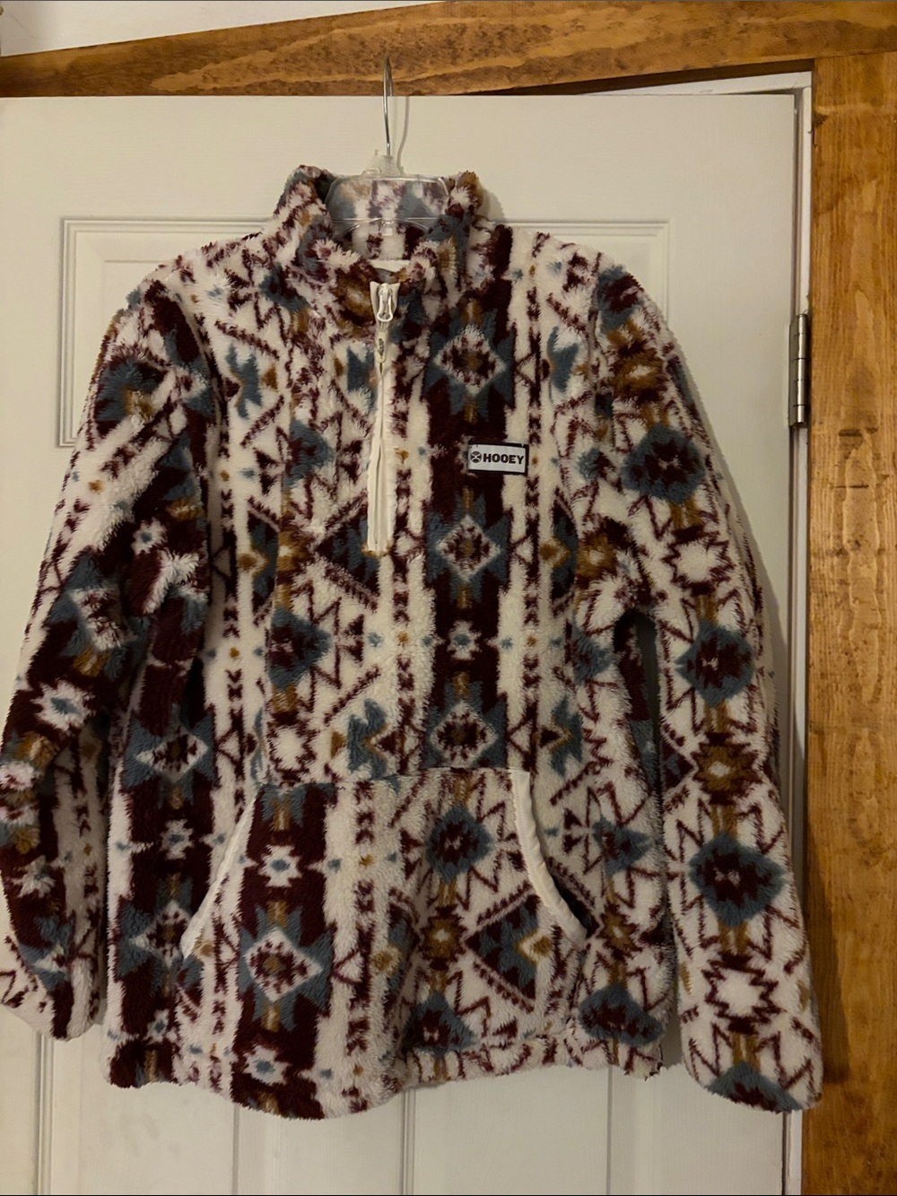 Hooey Zip-Up Plush Sweater - Cream, Burgundy & Teal Aztec